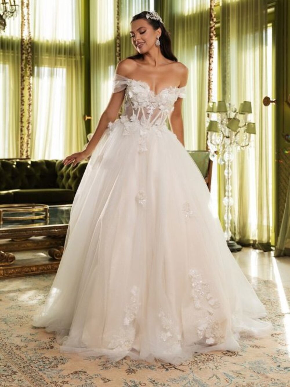 OFF THE SHOULDER WEDDING DRESS. BALL GOWN. IVORY/NUDE BRIDAL RECEPTION DESTINATI